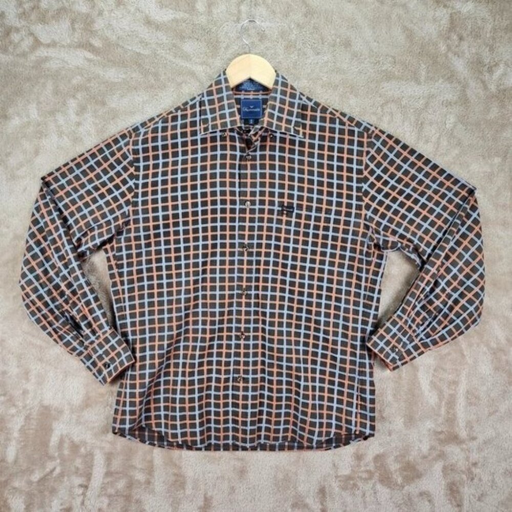 Vintage Faconnable Mens Dress Shirt Size M Pockets Check Plaid Long Sleeve